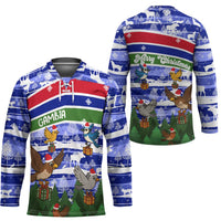 Gambia Christmas Hockey Jersey with Santa Birds Gift Boxes Forest Scene and Snowflake Pattern Design - Wonder Print Shop