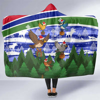 Gambia Christmas Hooded Blanket with Santa Birds Gift Boxes Forest Scene and Snowflake Pattern Design - Wonder Print Shop