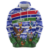 Gambia Christmas Hoodie with Santa Birds Gift Boxes Forest Scene and Snowflake Pattern Design - Wonder Print Shop