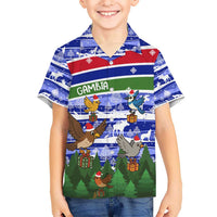 Gambia Christmas Kid Hawaiian Shirt with Santa Birds Gift Boxes Forest Scene and Snowflake Pattern Design - Wonder Print Shop