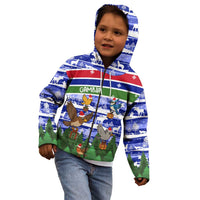 Gambia Christmas Kid Hoodie with Santa Birds Gift Boxes Forest Scene and Snowflake Pattern Design - Wonder Print Shop