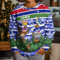 Gambia Christmas Kid Ugly Christmas Sweater with Santa Birds Gift Boxes Forest Scene and Snowflake Pattern Design - Wonder Print Shop