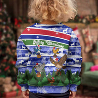 Gambia Christmas Kid Ugly Christmas Sweater with Santa Birds Gift Boxes Forest Scene and Snowflake Pattern Design - Wonder Print Shop