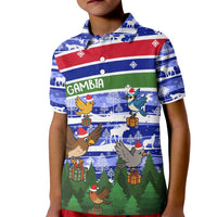 Gambia Christmas Kid Polo Shirt with Santa Birds Gift Boxes Forest Scene and Snowflake Pattern Design - Wonder Print Shop