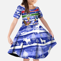 Gambia Christmas Kid Short Sleeve Dress with Santa Birds Gift Boxes Forest Scene and Snowflake Pattern Design - Wonder Print Shop
