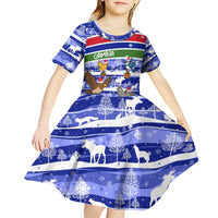 Gambia Christmas Kid Short Sleeve Dress with Santa Birds Gift Boxes Forest Scene and Snowflake Pattern Design - Wonder Print Shop