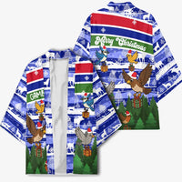 Gambia Christmas Kimono with Santa Birds Gift Boxes Forest Scene and Snowflake Pattern Design - Wonder Print Shop