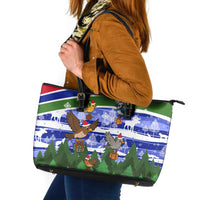 Gambia Christmas Leather Tote Bag with Santa Birds Gift Boxes Forest Scene and Snowflake Pattern Design - Wonder Print Shop