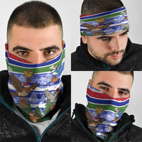 Gambia Christmas Neck Gaiter with Santa Birds Gift Boxes Forest Scene and Snowflake Pattern Design - Wonder Print Shop