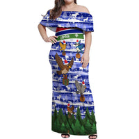Gambia Christmas Off Shoulder Maxi Dress with Santa Birds Gift Boxes Forest Scene and Snowflake Pattern Design - Wonder Print Shop