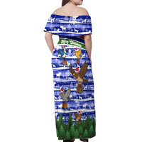 Gambia Christmas Off Shoulder Maxi Dress with Santa Birds Gift Boxes Forest Scene and Snowflake Pattern Design - Wonder Print Shop