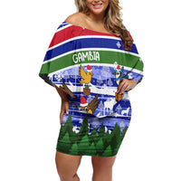 Gambia Christmas Off Shoulder Short Dress with Santa Birds Gift Boxes Forest Scene and Snowflake Pattern Design - Wonder Print Shop