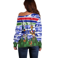 Gambia Christmas Off Shoulder Sweater with Santa Birds Gift Boxes Forest Scene and Snowflake Pattern Design - Wonder Print Shop