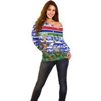 Gambia Christmas Off Shoulder Sweater with Santa Birds Gift Boxes Forest Scene and Snowflake Pattern Design - Wonder Print Shop