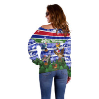 Gambia Christmas Off Shoulder Sweater with Santa Birds Gift Boxes Forest Scene and Snowflake Pattern Design - Wonder Print Shop