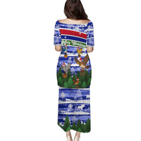 Gambia Christmas Puletasi with Santa Birds Gift Boxes Forest Scene and Snowflake Pattern Design - Wonder Print Shop