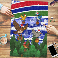 Gambia Christmas Puzzle with Santa Birds Gift Boxes Forest Scene and Snowflake Pattern Design - Wonder Print Shop