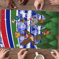 Gambia Christmas Puzzle with Santa Birds Gift Boxes Forest Scene and Snowflake Pattern Design - Wonder Print Shop