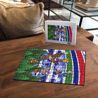 Gambia Christmas Puzzle with Santa Birds Gift Boxes Forest Scene and Snowflake Pattern Design - Wonder Print Shop