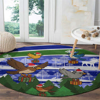 Gambia Christmas Round Carpet with Santa Birds Gift Boxes Forest Scene and Snowflake Pattern Design - Wonder Print Shop