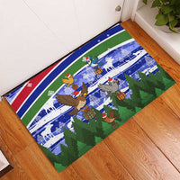 Gambia Christmas Rubber Doormat with Santa Birds Gift Boxes Forest Scene and Snowflake Pattern Design - Wonder Print Shop