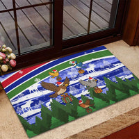 Gambia Christmas Rubber Doormat with Santa Birds Gift Boxes Forest Scene and Snowflake Pattern Design - Wonder Print Shop