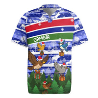 Gambia Christmas Rugby Jersey with Santa Birds Gift Boxes Forest Scene and Snowflake Pattern Design - Wonder Print Shop