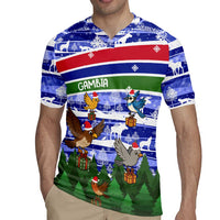 Gambia Christmas Rugby Jersey with Santa Birds Gift Boxes Forest Scene and Snowflake Pattern Design - Wonder Print Shop