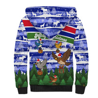 Gambia Christmas Sherpa Hoodie with Santa Birds Gift Boxes Forest Scene and Snowflake Pattern Design - Wonder Print Shop