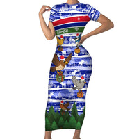 Gambia Christmas Short Sleeve Bodycon Dress with Santa Birds Gift Boxes Forest Scene and Snowflake Pattern Design - Wonder Print Shop