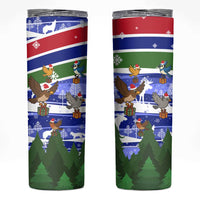 Gambia Christmas Skinny Tumbler with Santa Birds Gift Boxes Forest Scene and Snowflake Pattern Design - Wonder Print Shop