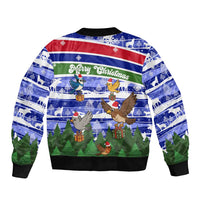 Gambia Christmas Sleeve Zip Bomber Jacket with Santa Birds Gift Boxes Forest Scene and Snowflake Pattern Design - Wonder Print Shop