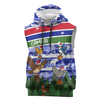Gambia Christmas Sleeveless Hoodie with Santa Birds Gift Boxes Forest Scene and Snowflake Pattern Design - Wonder Print Shop