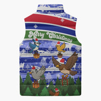 Gambia Christmas Sleeveless Puffer Jacket with Santa Birds Gift Boxes Forest Scene and Snowflake Pattern Design - Wonder Print Shop