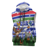 Gambia Christmas Sleeveless Zip Hoodie with Santa Birds Gift Boxes Forest Scene and Snowflake Pattern Design - Wonder Print Shop