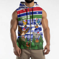 Gambia Christmas Sleeveless Zip Hoodie with Santa Birds Gift Boxes Forest Scene and Snowflake Pattern Design - Wonder Print Shop