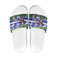 Gambia Christmas Slide Sandals with Santa Birds Gift Boxes Forest Scene and Snowflake Pattern Design - Wonder Print Shop