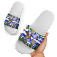 Gambia Christmas Slide Sandals with Santa Birds Gift Boxes Forest Scene and Snowflake Pattern Design - Wonder Print Shop