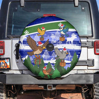 Gambia Christmas Spare Tire Cover with Santa Birds Gift Boxes Forest Scene and Snowflake Pattern Design - Wonder Print Shop