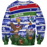 Gambia Christmas Sweatshirt with Santa Birds Gift Boxes Forest Scene and Snowflake Pattern Design - Wonder Print Shop