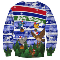 Gambia Christmas Sweatshirt with Santa Birds Gift Boxes Forest Scene and Snowflake Pattern Design - Wonder Print Shop