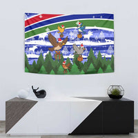 Gambia Christmas Tapestry with Santa Birds Gift Boxes Forest Scene and Snowflake Pattern Design - Wonder Print Shop