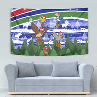 Gambia Christmas Tapestry with Santa Birds Gift Boxes Forest Scene and Snowflake Pattern Design - Wonder Print Shop