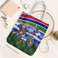 Gambia Christmas Tote Bag with Santa Birds Gift Boxes Forest Scene and Snowflake Pattern Design - Wonder Print Shop