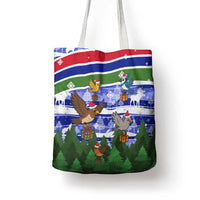 Gambia Christmas Tote Bag with Santa Birds Gift Boxes Forest Scene and Snowflake Pattern Design - Wonder Print Shop
