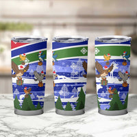 Gambia Christmas Tumbler Cup with Santa Birds Gift Boxes Forest Scene and Snowflake Pattern Design - Wonder Print Shop