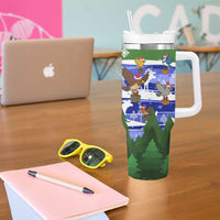 Gambia Christmas Tumbler With Handle with Santa Birds Gift Boxes Forest Scene and Snowflake Pattern Design - Wonder Print Shop