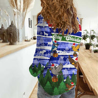Gambia Christmas Women Casual Shirt with Santa Birds Gift Boxes Forest Scene and Snowflake Pattern Design - Wonder Print Shop