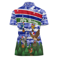 Gambia Christmas Women Polo Shirt with Santa Birds Gift Boxes Forest Scene and Snowflake Pattern Design - Wonder Print Shop