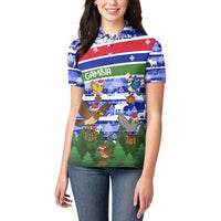 Gambia Christmas Women Polo Shirt with Santa Birds Gift Boxes Forest Scene and Snowflake Pattern Design - Wonder Print Shop
